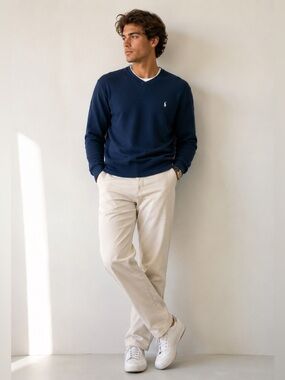 Polo by Ralph Lauren Vintage V Neck Knit Pullover | Navy Blue | Size Large